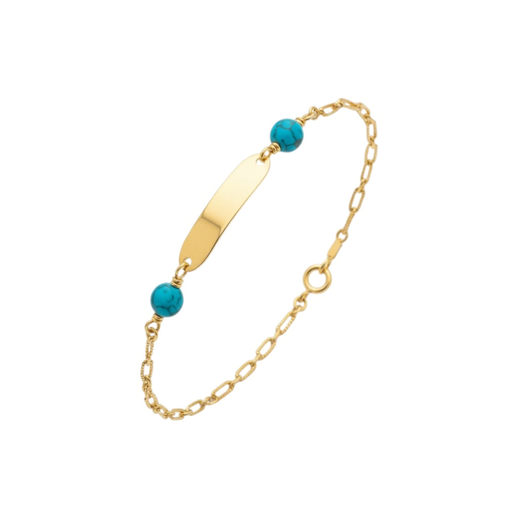 Bracelet plaquette personnalisable en or 18 carats avec perles turquoise