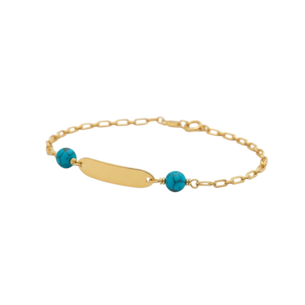 Bracelet plaquette personnalisable en or 18 carats avec perles turquoise