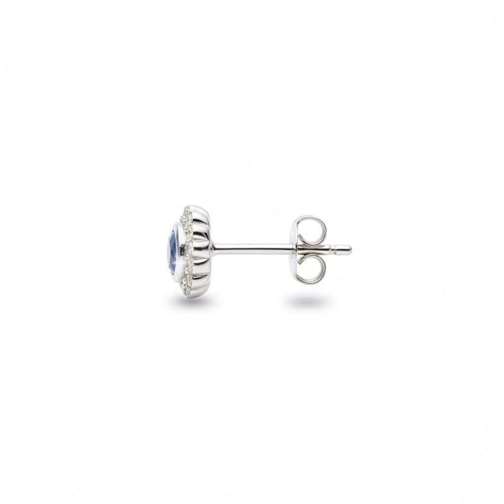 Maison Leininger 18K white gold sapphire and diamond halo stud earring.